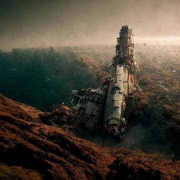 Abandoned rocket launcher on the ground surrounded by mountains and fog 스톡 일러스트