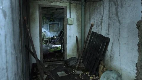 An abandoned room with a chair, showcasing the devastation and decay Stock Illustration