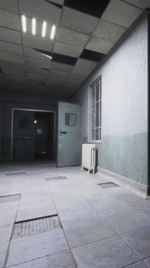 Abandoned room with damaged ceiling and green door in a building Stock Footage 338013895