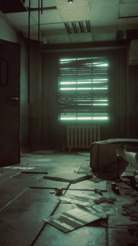 Abandoned room with disarray and dim light creating an eerie atmosphere Stock Footage 326146860