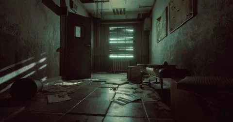 Abandoned room with disarray and dim light creating an eerie atmosphere Ilustración de archivo