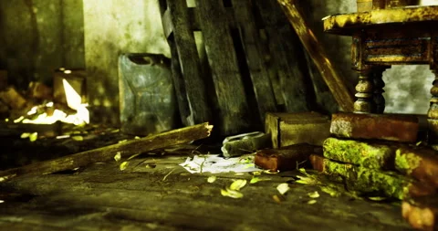 Abandoned room with forgotten objects and scattered leaves in dim light Stock Footage 320051358