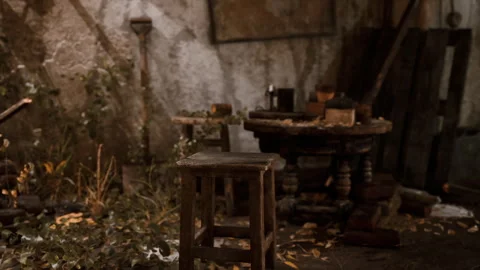 An abandoned room with a rustic wooden stool and scattered items in disarray Stock Footage 329585035