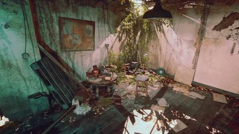 An abandoned room in a state of devastation and disarray Stock Illustration