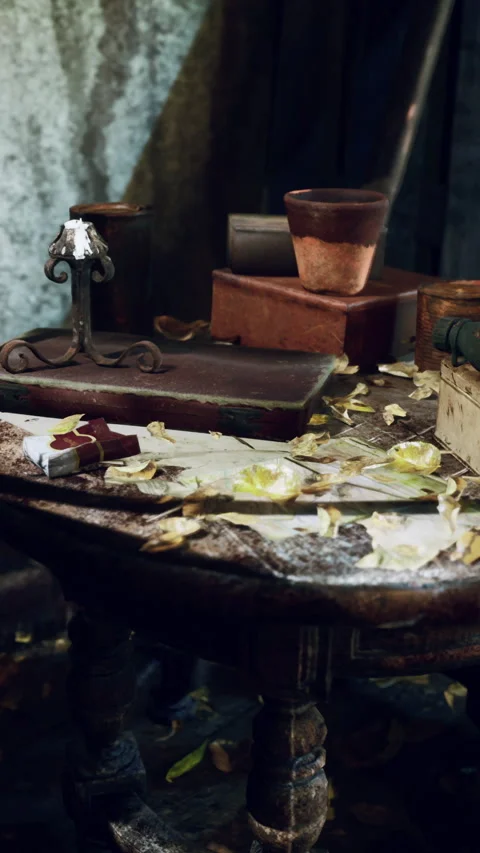 An abandoned room with a table cluttered with various objects Stock Footage 273876555