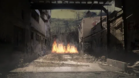 Abandoned Ruined Warehouse Fire Burning, Dark Post Apocalyptic Scene Stock Footage 336710565