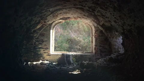 Abandoned Ruins with big window with light rays Stock Footage 162816281