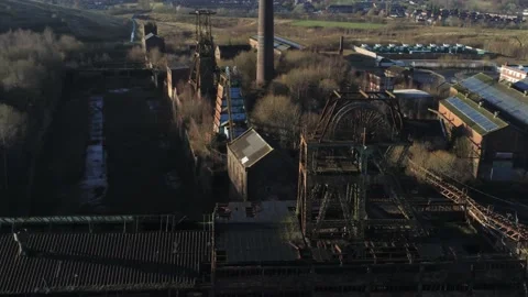 Abandoned run down Staffordshire heritage industrial coal mine buildings Stock Footage 145125509