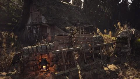 Abandoned rustic cottage at dusk with a glowing lantern and old barrels Stock Illustration