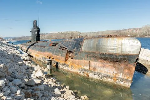 An abandoned, rusty old soviet union submarine in Bulgaria Stock-Fotos