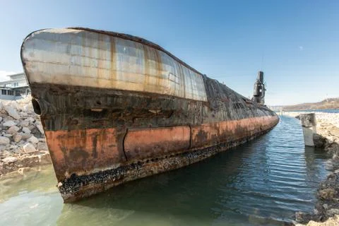 An abandoned, rusty old soviet union submarine in Bulgaria Stock Photos