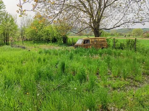 Abandoned rusty van in meadow under spring trees 스톡 사진