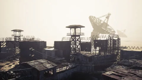 Abandoned satellite array in a desolate landscape under foggy sky Stock Footage 331422440