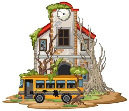 Abandoned School Building and Bus Overgrown by Nature Stock Illustration