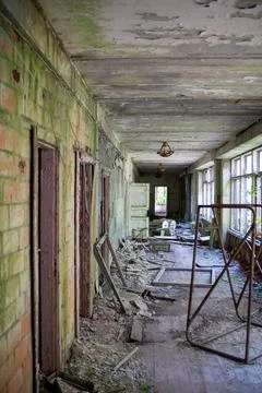 An abandoned school building from the radioactive exclusion zone of Belarus. Stock Photos