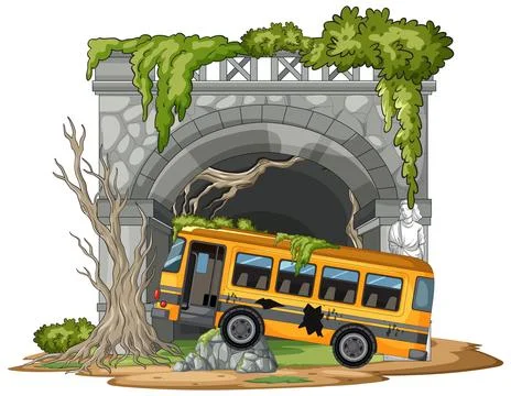 Abandoned School Bus Crashed at Overgrown Stone Tunnel Stock Illustration