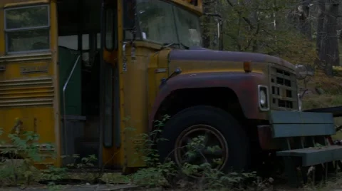Abandoned school bus in the middle of the woods side profile- super creepy Stock Footage 58084526