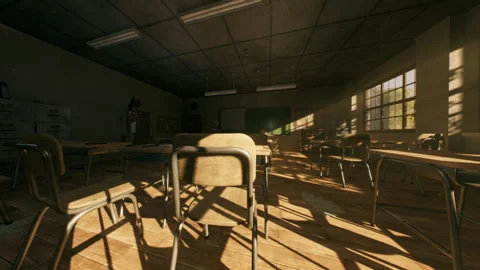 Abandoned school classroom with empty desks and sunlight streaming in Stock Footage 327386055