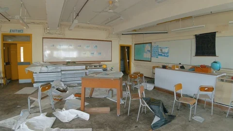 Abandoned School - Destroyed Geography Classroom 02 Stock Footage 104596065
