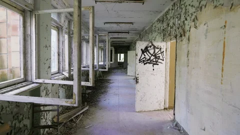 Abandoned School Hallway With Open Windows And Doors In The Chernobyl Stock Footage 128589767