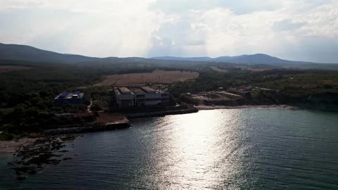 Abandoned Seaside Industrial Storage Complex Factory Bright Sunny Day Coast Blue Stock Footage 235657341