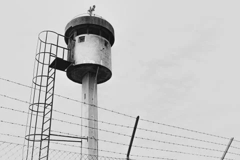 Abandoned sentry box tower isolated by a net with barbed wire. Stock Photos