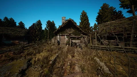 Abandoned settlement setting showcasing rustic huts and broken boundary Stock Footage 329171570
