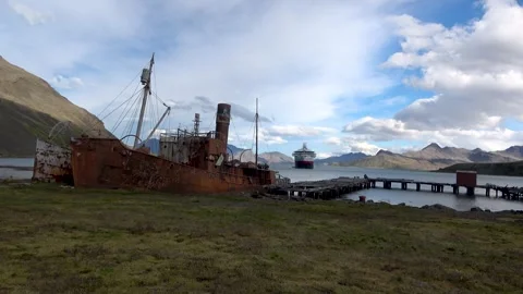 Abandoned ship and expedition ship contrast, Grytviken, South Georgia, 4K Vídeos de archivo 332357359