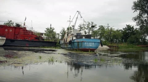 Abandoned shipyard, old boats, rusty ships Stock Footage 49678877