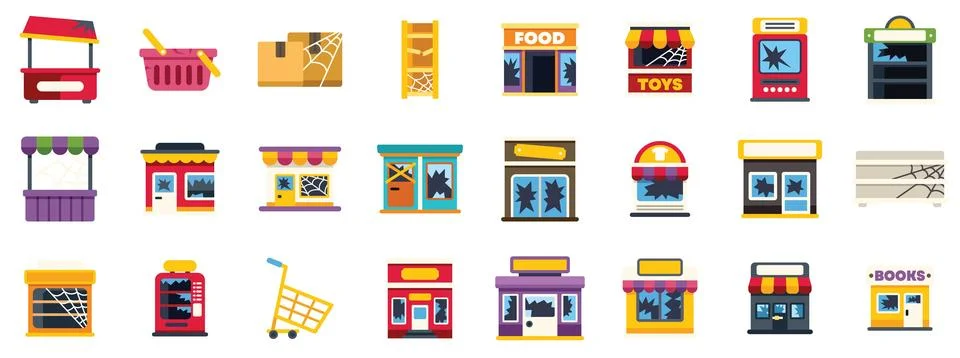 Abandoned shops and stores with broken windows and covered by cobwebs Ilustración de archivo