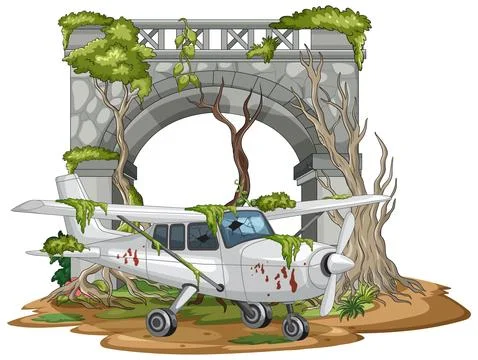 Abandoned Small Airplane Under Overgrown Stone Bridge Stock Illustration