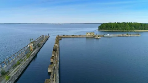 Abandoned Soviet naval submarine base with amazing views in the middle of sea Stock Footage 92348087