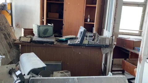Abandoned Soviet Office with Old Computers and Dusty Furniture Stock Footage 281520268