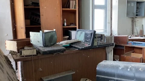 Abandoned Soviet Office with Old Computers and Dusty Furniture Stock Footage 281520357