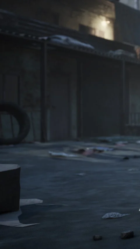 Abandoned space shows scattered items and a worn tire on the ground Stock Footage 341033553