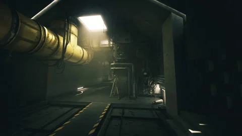 Abandoned spaceship corridor featuring glowing hazards and rusted valves Stock Footage 340662924