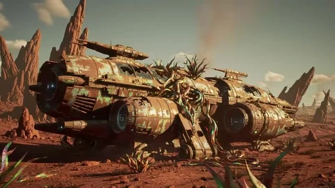 Abandoned Spaceship Rusting in Desert Landscape Daytime Stock Footage 313324249