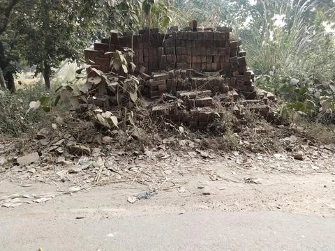 Abandoned stack of red bricks near road 写真素材