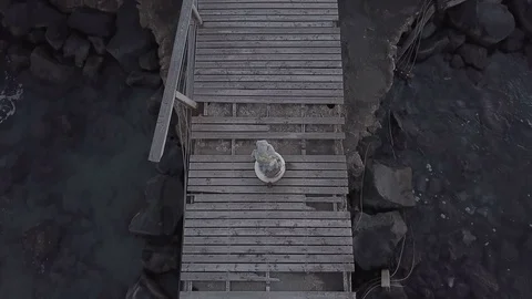 An abandoned statue on a wooden pier collapsed into the sea. Aerial video Stock Footage 70972735