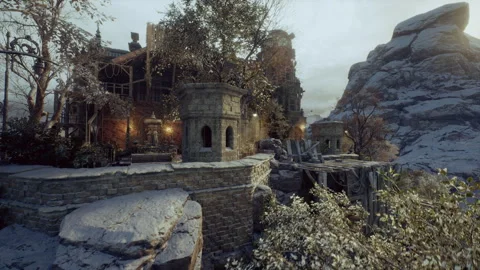 Abandoned stone bridge leading to old crumbling tower in mountains Stock Footage 329542821