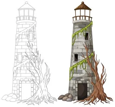 Abandoned Stone Lighthouse with Dead Tree and Moss Stock Illustration