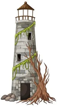 Abandoned Stone Lighthouse with Dead Tree and Moss Illustrazione stock