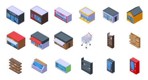 Abandoned store icons set isometric vector. Food market closed 스톡 일러스트