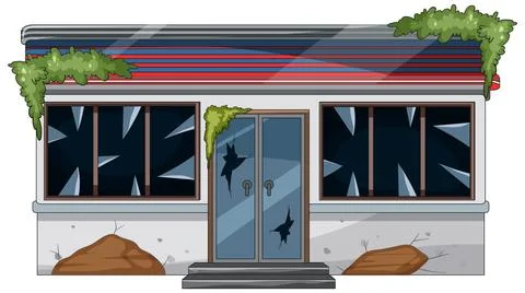 Abandoned Storefront With Broken Windows And Overgrown Vines Stock Illustration