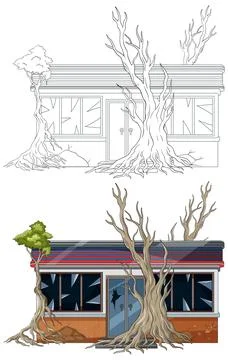 Abandoned Storefront Overgrown With Leafless Trees Vector Illustration Stockillustratie