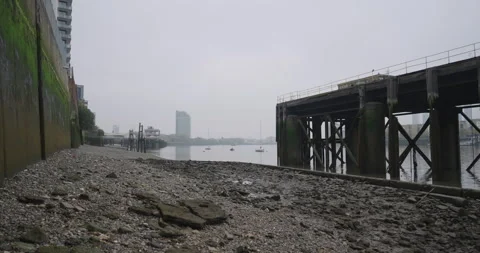 Abandoned Structure on the River Thames in London on a Foggy Day Stock Footage 291278806