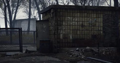Abandoned structure surrounded by nature in a desolate setting Ilustración de archivo