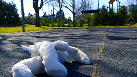 Abandoned Stuffed Bunny Toy Lying on the Ground in an Empty Playground Stock Footage 334353677
