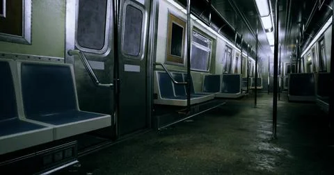 Abandoned subway train interior during late night in urban setting Stock Illustration