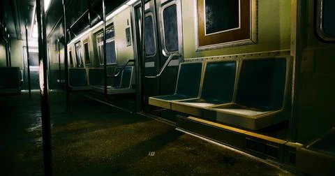 Abandoned subway train interior reveals eerie atmosphere at night Stock Illustration